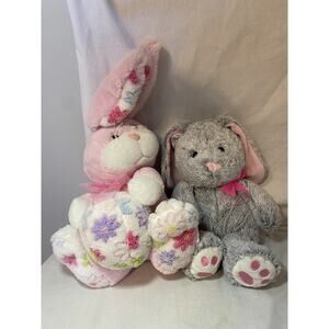 Lot 2 Animal Adventure Easter Bunny Pink + Hug Fun Gray Long Ears Rabbit Plush